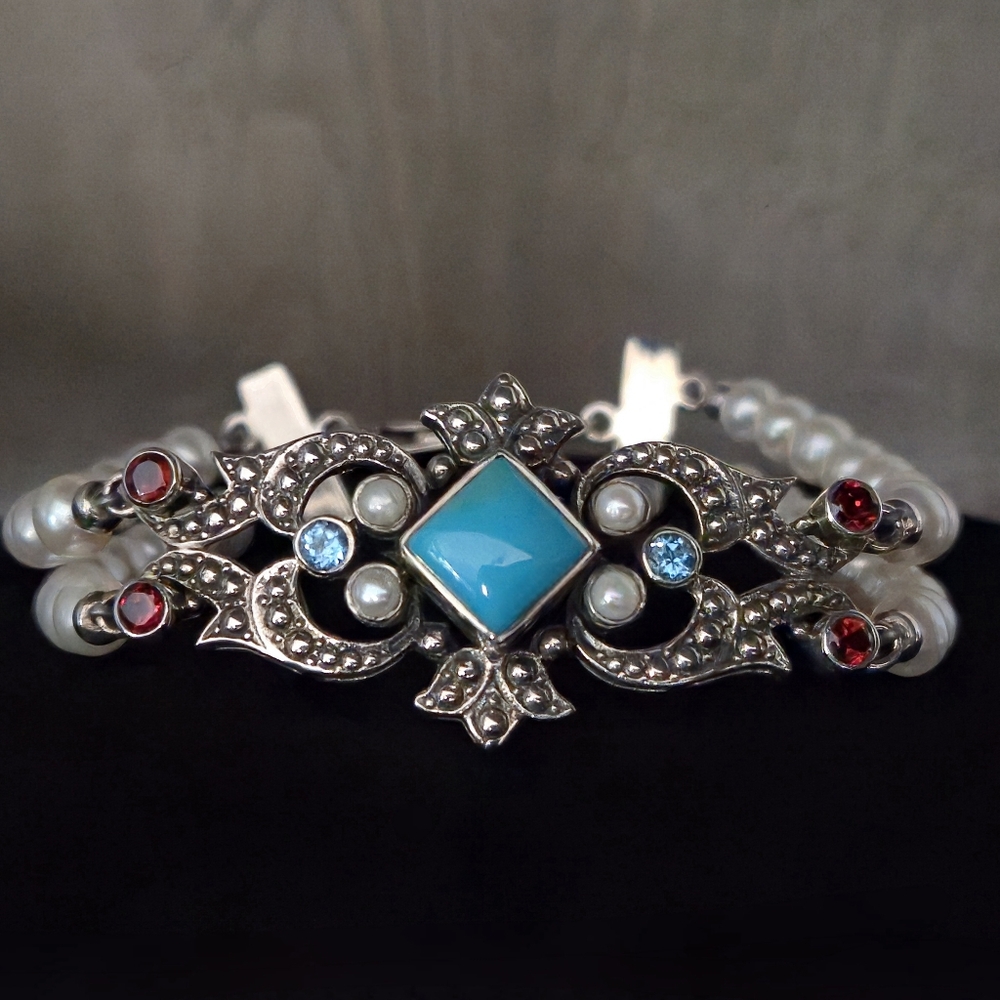 Nicky Butler 925 Sterling Silver Turquoise Pearl Garnet Topaz Designer Bracelet - Picture 14 of 16